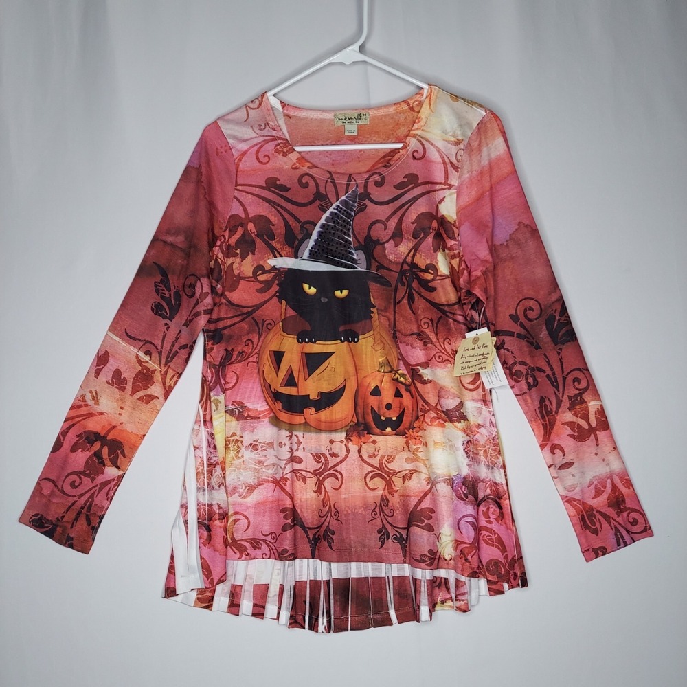 One World Halloween Top Womens Medium Pumpkin Sequin Black Cat Spooky Witch